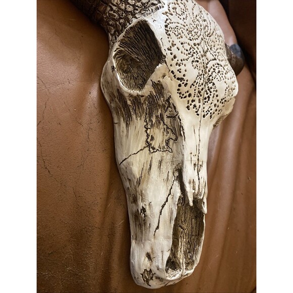 Rustic Tribal Bull Head Wall Art - Tooled White Bull Skull Wall Art - Picture 4 of 9